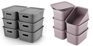 areyzin plastic storage baskets with lid organizing container lidded knit storage organizer bins for shelves drawers desktop closet playroom classroom office, grey and purple
