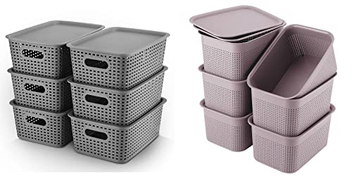 AREYZIN Plastic Storage Baskets With Lid Organizing Container Lidded Knit Storage Organizer Bins for Shelves Drawers Desktop Closet Playroom Classroom Office, Grey and Purple