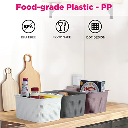 AREYZIN Plastic Storage Baskets With Lid Organizing Container Lidded Knit Storage Organizer Bins for Shelves Drawers Desktop Closet Playroom Classroom Office, Grey and Purple