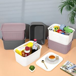 AREYZIN Plastic Storage Baskets With Lid Organizing Container Lidded Knit Storage Organizer Bins for Shelves Drawers Desktop Closet Playroom Classroom Office, Grey and Purple