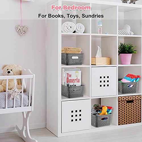 AREYZIN Plastic Storage Baskets With Lid Organizing Container Lidded Knit Storage Organizer Bins for Shelves Drawers Desktop Closet Playroom Classroom Office, Grey and Purple