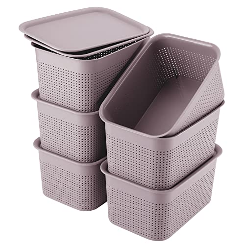 AREYZIN Plastic Storage Baskets With Lid Organizing Container Lidded Knit Storage Organizer Bins for Shelves Drawers Desktop Closet Playroom Classroom Office, Grey and Purple