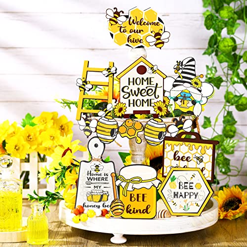 14 Piece Bee Tiered Tray Decor Set Farmhouse Farm Tiered Tray Decor Bee Wood Signs Sunflower Rustic Trays Decor for Summer Home Kitchen Table Decor