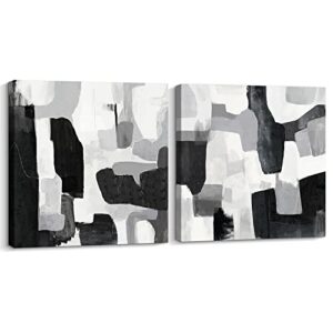 pigort black and white abstract hand-painted wall art decor – 2 piece set, grey decorative framed black & white abstract canvas art for living room, bedroom, office home decor & gift 24x24inch