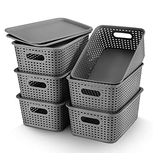 AREYZIN Plastic Storage Baskets With Lid Organizing Container Lidded Knit Storage Organizer Bins for Shelves Drawers Desktop Closet Playroom Classroom Office