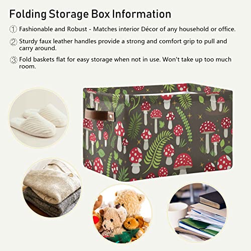 Kigai Mushroom Storage Basket Collapsible Rectangle Storage Bin Shelves Basket Organizer with Leather Handle for Closet, Office, Nursery, Home Decor