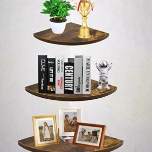 zhiyu&art decor Wall Mount Floating Corner Shelves Set of 3, 11.8-9.8 -7.8 Inches Hanging Rustic Wall Storage Display Shelf for Bedroom, Living Room, Kitchen, Office(Brown Floating Shelves)