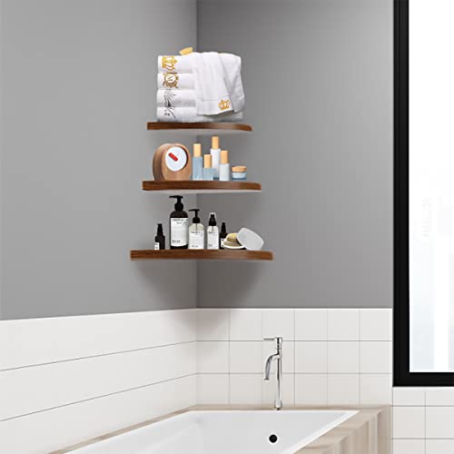 zhiyu&art decor Wall Mount Floating Corner Shelves Set of 3, 11.8-9.8 -7.8 Inches Hanging Rustic Wall Storage Display Shelf for Bedroom, Living Room, Kitchen, Office(Brown Floating Shelves)