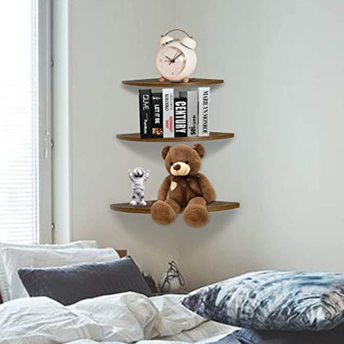 zhiyu&art decor Wall Mount Floating Corner Shelves Set of 3, 11.8-9.8 -7.8 Inches Hanging Rustic Wall Storage Display Shelf for Bedroom, Living Room, Kitchen, Office(Brown Floating Shelves)