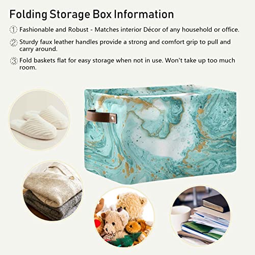 xigua Teal Turquoise Marble Storage Basket Large Collapsible Rectangle Storage Bin Toys Clothes Organizer for Closet Shelf Nursery Bedroom Home Decor