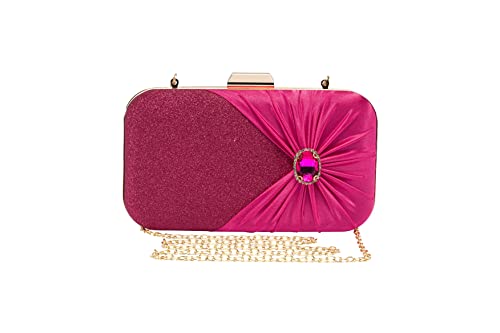 Mulian LilY Hot pink Evening Bags For Women Glitter Crystal Pleated Satin Clutch Purse With Detachable Chain Strap M639