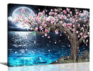 magnolia tree wall-art for bedroom – pink and blue wall decor – moon framed canvas art picture 16″ x 12″