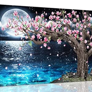 Magnolia Tree Wall-Art For Bedroom - Pink And Blue Wall Decor - Moon Framed Canvas Art Picture 16" x 12"