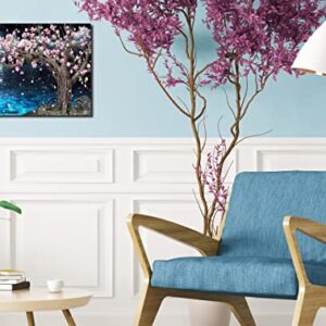 Magnolia Tree Wall-Art For Bedroom - Pink And Blue Wall Decor - Moon Framed Canvas Art Picture 16" x 12"