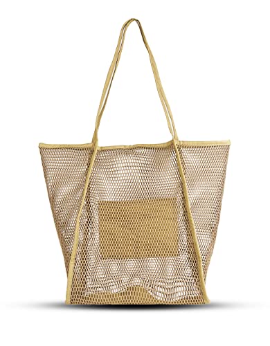 Covelin Women's Beach Tote Bag, Mesh Handbag Top-Handle Shoulder Bag Tan