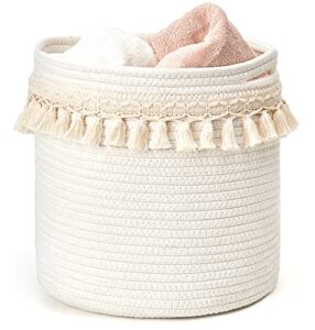 mkono macrame decorative cotton rope basket boho nursery decor cute woven tassel closet storage bins organizer for baby toys,diaper, blankets,magazine,potted plants cover,living room,bedroom, 15″x14″