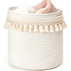 Mkono Macrame Decorative Cotton Rope Basket Boho Nursery Decor Cute Woven Tassel Closet Storage Bins Organizer for Baby Toys,Diaper, Blankets,Magazine,Potted Plants Cover,Living Room,Bedroom, 15"x14"