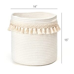 Mkono Macrame Decorative Cotton Rope Basket Boho Nursery Decor Cute Woven Tassel Closet Storage Bins Organizer for Baby Toys,Diaper, Blankets,Magazine,Potted Plants Cover,Living Room,Bedroom, 15"x14"