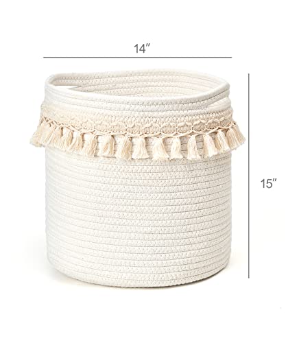 Mkono Macrame Decorative Cotton Rope Basket Boho Nursery Decor Cute Woven Tassel Closet Storage Bins Organizer for Baby Toys,Diaper, Blankets,Magazine,Potted Plants Cover,Living Room,Bedroom, 15"x14"