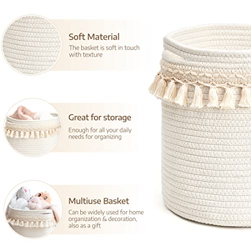 Mkono Macrame Decorative Cotton Rope Basket Boho Nursery Decor Cute Woven Tassel Closet Storage Bins Organizer for Baby Toys,Diaper, Blankets,Magazine,Potted Plants Cover,Living Room,Bedroom, 15"x14"