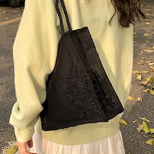 Sweet fairy lace bag hand shoulder tote bag embroidered hollow shopping bag (Black)