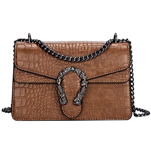 GLOD JORLEE Chain Crossbody Shoulder Bags for Women - Snakeskin Textured Print Leather Satchel Handbags Luxury Evening Clutch Purses (Brown-2)