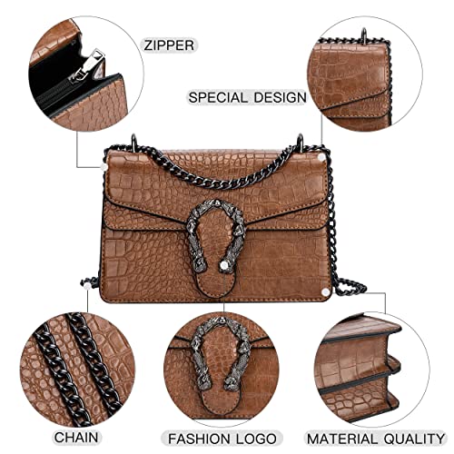 GLOD JORLEE Chain Crossbody Shoulder Bags for Women - Snakeskin Textured Print Leather Satchel Handbags Luxury Evening Clutch Purses (Brown-2)