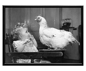 vintage weird girl with chicken poster – funky oddity curiosity room decor – retro funny photo picture for bathroom kitchen home office – quirky humorous wall art – black and white 8×10 unframed gift