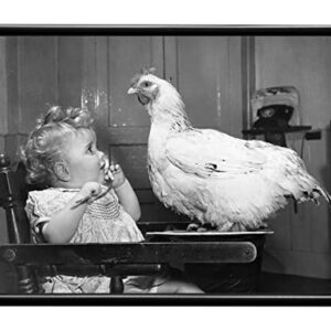 Vintage Weird Girl with Chicken Poster - Funky Oddity Curiosity Room Decor - Retro Funny Photo Picture for Bathroom Kitchen Home Office - Quirky Humorous Wall Art - Black and White 8x10 Unframed Gift