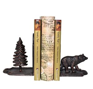 juconsin bear bookends decorative, heavy duty cast iron bookends for the shelves, pine tree and bear statue book end, vintage shelf decor, antique bronze