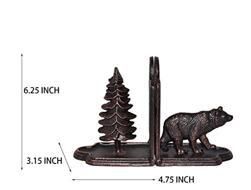 JUCONSIN Bear Bookends Decorative, Heavy Duty Cast Iron Bookends for The Shelves, Pine Tree and Bear Statue Book End, Vintage Shelf Decor, Antique Bronze