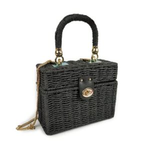handwoven rattan bag, natural & elegant vintage purse bag beach sea handbag holiday bag casual handbag (black)