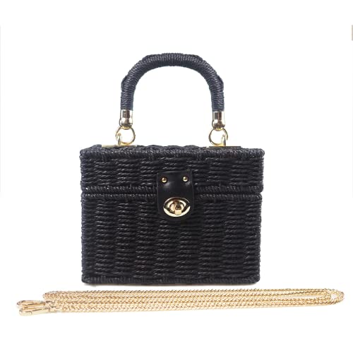 Handwoven Rattan Bag, Natural & Elegant Vintage Purse Bag Beach Sea Handbag Holiday Bag Casual Handbag (Black)