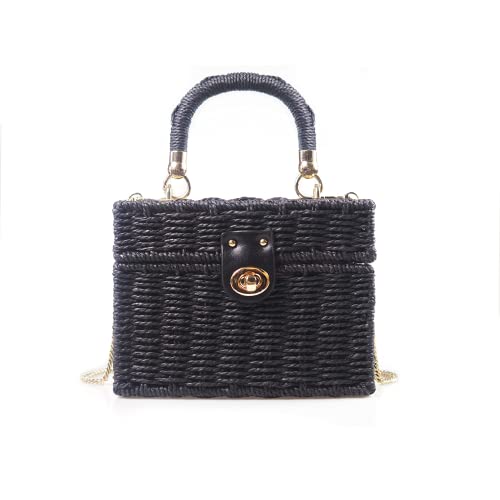 Handwoven Rattan Bag, Natural & Elegant Vintage Purse Bag Beach Sea Handbag Holiday Bag Casual Handbag (Black)