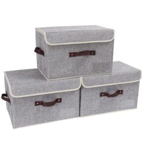 vankea decorative collapsible storage boxes with lids, foldable fabric storage baskets closet organizer for home bedroom office (gray, 3 pack)