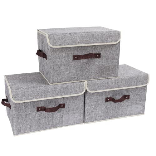 Vankea Decorative Collapsible Storage Boxes with Lids, Foldable Fabric Storage Baskets Closet Organizer for Home Bedroom Office (Gray, 3 Pack)