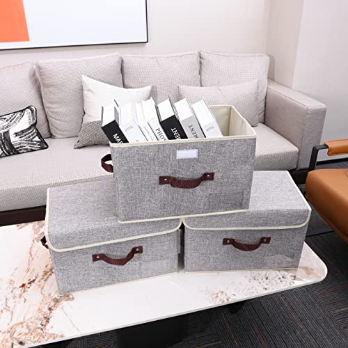 Vankea Decorative Collapsible Storage Boxes with Lids, Foldable Fabric Storage Baskets Closet Organizer for Home Bedroom Office (Gray, 3 Pack)