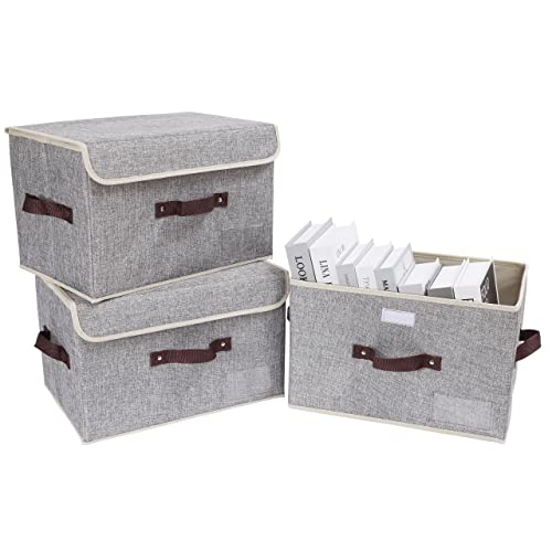 Vankea Decorative Collapsible Storage Boxes with Lids, Foldable Fabric Storage Baskets Closet Organizer for Home Bedroom Office (Gray, 3 Pack)