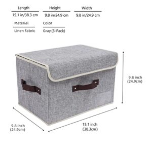 Vankea Decorative Collapsible Storage Boxes with Lids, Foldable Fabric Storage Baskets Closet Organizer for Home Bedroom Office (Gray, 3 Pack)