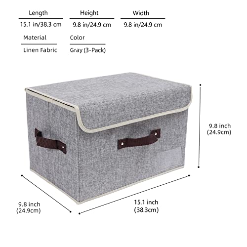 Vankea Decorative Collapsible Storage Boxes with Lids, Foldable Fabric Storage Baskets Closet Organizer for Home Bedroom Office (Gray, 3 Pack)