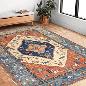 bsmathom vintage 5×7 area rugs, machine washable large rug faux wool soft fuzzy rug, non-slip non-shedding oriental rugs low-pile floor carpet for dining room living room bedroom office, 5x7ft
