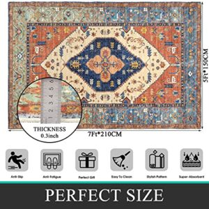 Bsmathom Vintage 5x7 Area Rugs, Machine Washable Large Rug Faux Wool Soft Fuzzy Rug, Non-Slip Non-Shedding Oriental Rugs Low-Pile Floor Carpet for Dining Room Living Room Bedroom Office, 5x7Ft