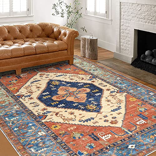 Bsmathom Vintage 5x7 Area Rugs, Machine Washable Large Rug Faux Wool Soft Fuzzy Rug, Non-Slip Non-Shedding Oriental Rugs Low-Pile Floor Carpet for Dining Room Living Room Bedroom Office, 5x7Ft