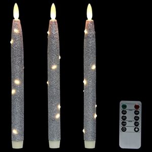 cfdecor flameless glitter taper candles with embedded string lights, battery operated candle with timer & remote, led tapered dinner candle. for xmas, dining, wedding décor,set of 3 (silver) h: 10″