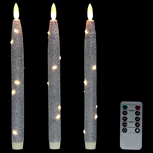 CFDECOR Flameless Glitter Taper Candles with Embedded String Lights, Battery Operated Candle with Timer & Remote, LED Tapered Dinner Candle. for Xmas, Dining, Wedding Décor,Set of 3 (Silver) H: 10"