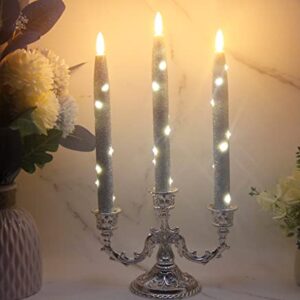 CFDECOR Flameless Glitter Taper Candles with Embedded String Lights, Battery Operated Candle with Timer & Remote, LED Tapered Dinner Candle. for Xmas, Dining, Wedding Décor,Set of 3 (Silver) H: 10"