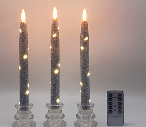 CFDECOR Flameless Glitter Taper Candles with Embedded String Lights, Battery Operated Candle with Timer & Remote, LED Tapered Dinner Candle. for Xmas, Dining, Wedding Décor,Set of 3 (Silver) H: 10"