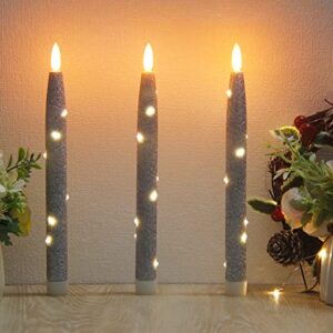 CFDECOR Flameless Glitter Taper Candles with Embedded String Lights, Battery Operated Candle with Timer & Remote, LED Tapered Dinner Candle. for Xmas, Dining, Wedding Décor,Set of 3 (Silver) H: 10"