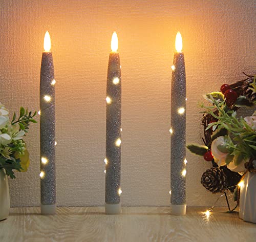 CFDECOR Flameless Glitter Taper Candles with Embedded String Lights, Battery Operated Candle with Timer & Remote, LED Tapered Dinner Candle. for Xmas, Dining, Wedding Décor,Set of 3 (Silver) H: 10"