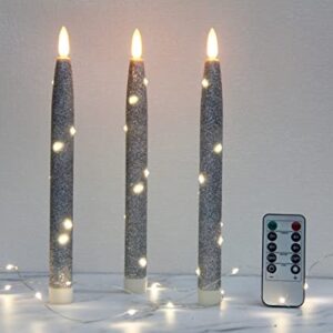 CFDECOR Flameless Glitter Taper Candles with Embedded String Lights, Battery Operated Candle with Timer & Remote, LED Tapered Dinner Candle. for Xmas, Dining, Wedding Décor,Set of 3 (Silver) H: 10"